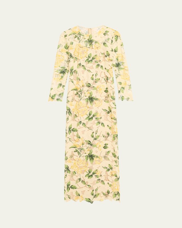 Long-Sleeve Printed Garden Rose Guipure Maxi Dress